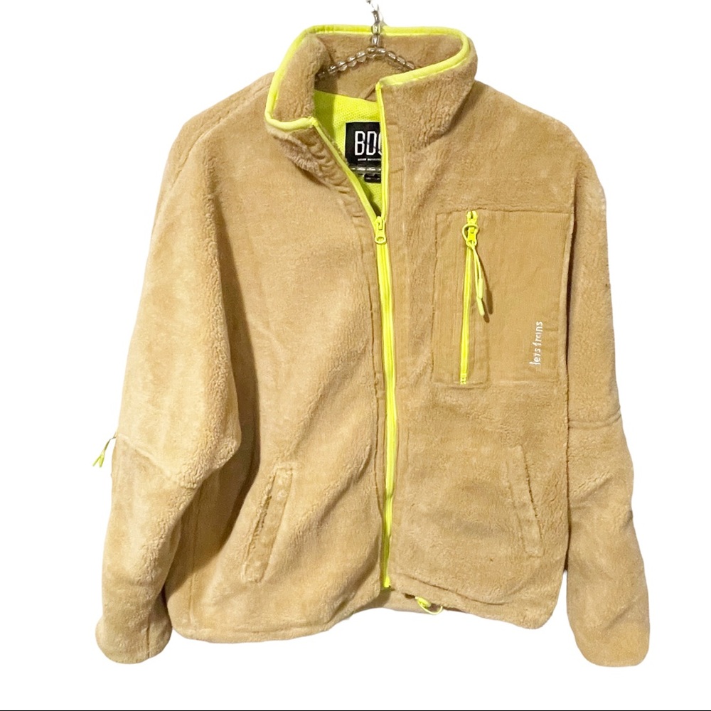 Urban Outfitters BDG Small Tan Neon Trim Teddy Bear Sherpa Full Zip Jacket